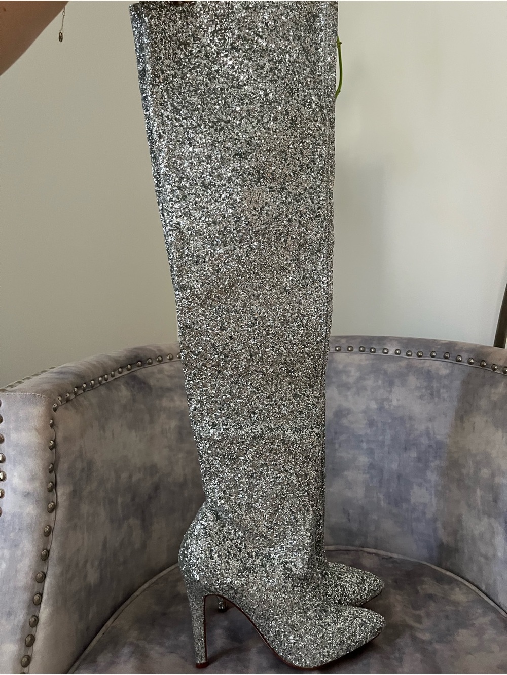 Silver Glitter Over-the-Knee Stiletto Boots